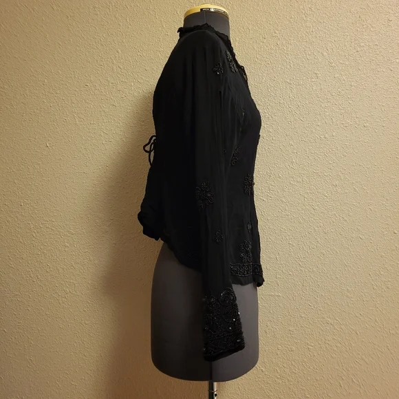 Papillon Sheer Black Beaded & Sequined Button-Up Top Size Large - Picture 4 of 13